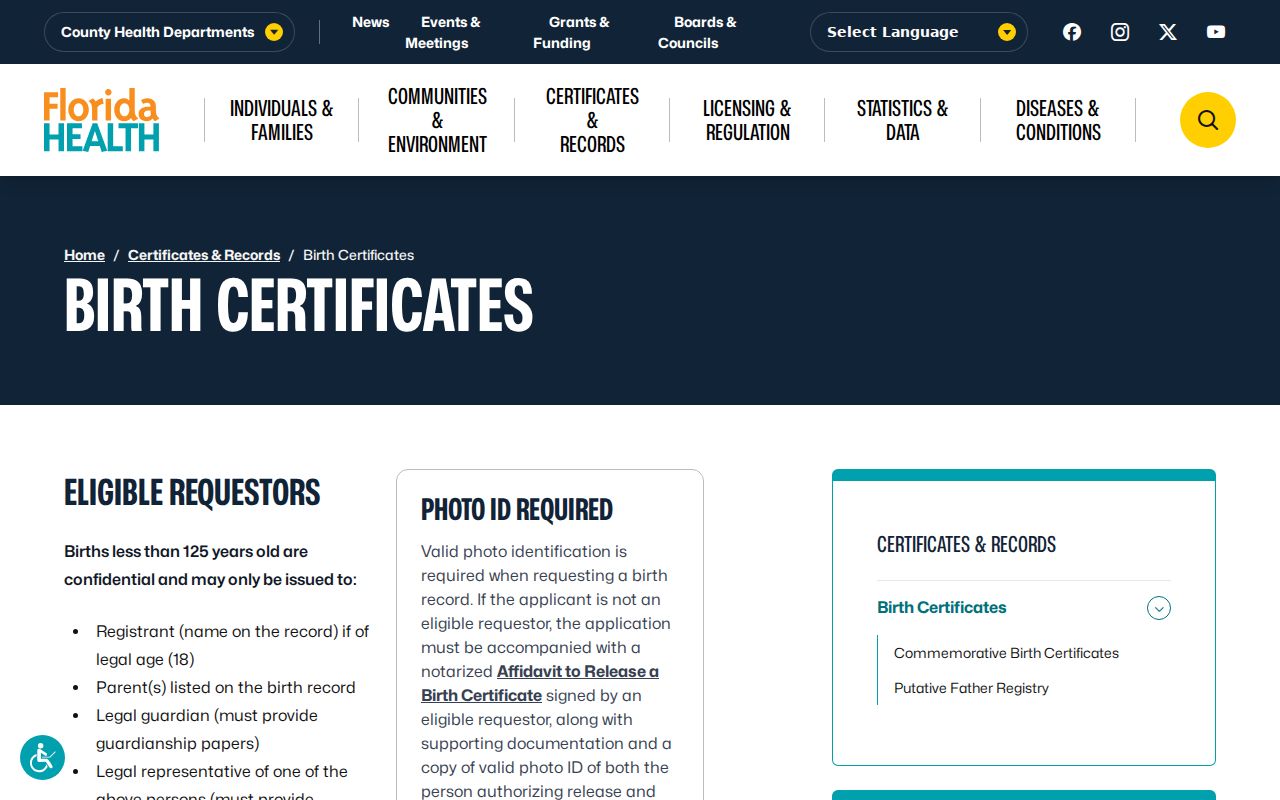 Florida birth certificate page for North Lauderdale previous residents