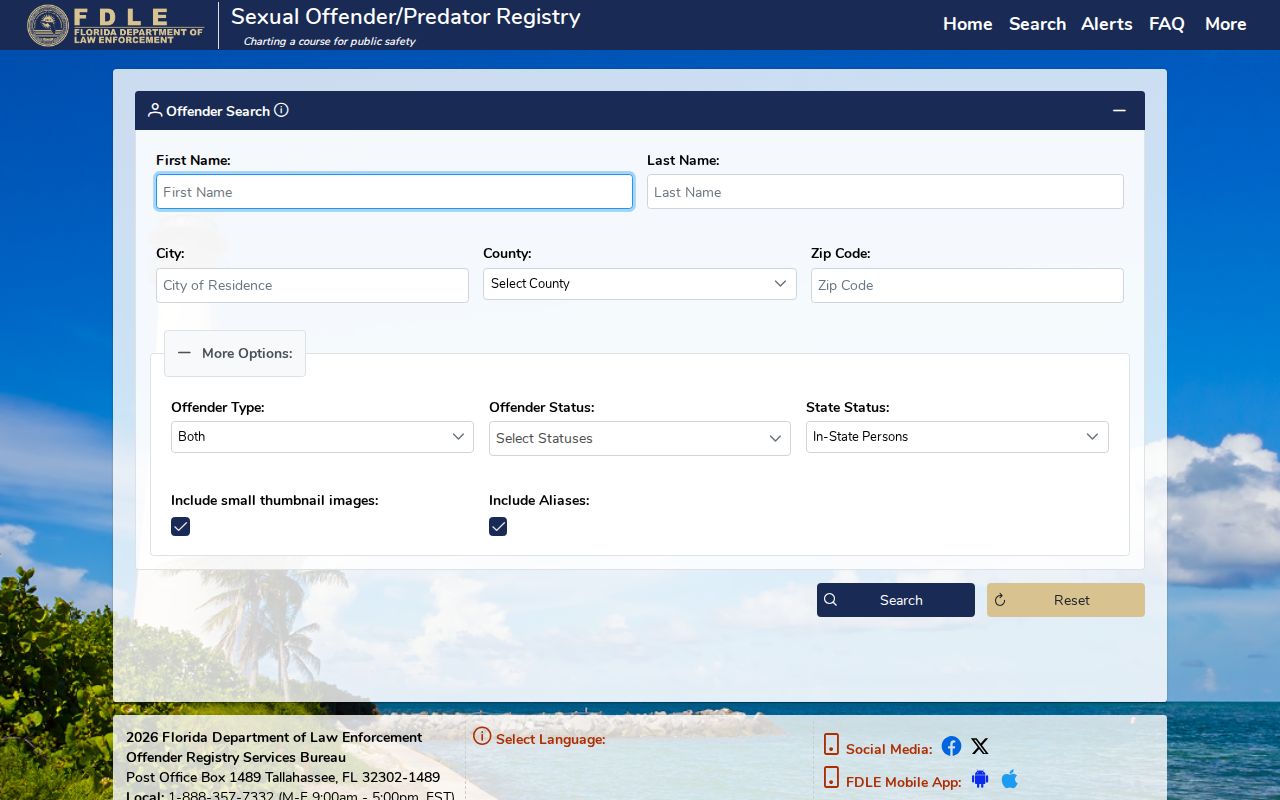 Florida registry with North Lauderdale ZIP code search controls